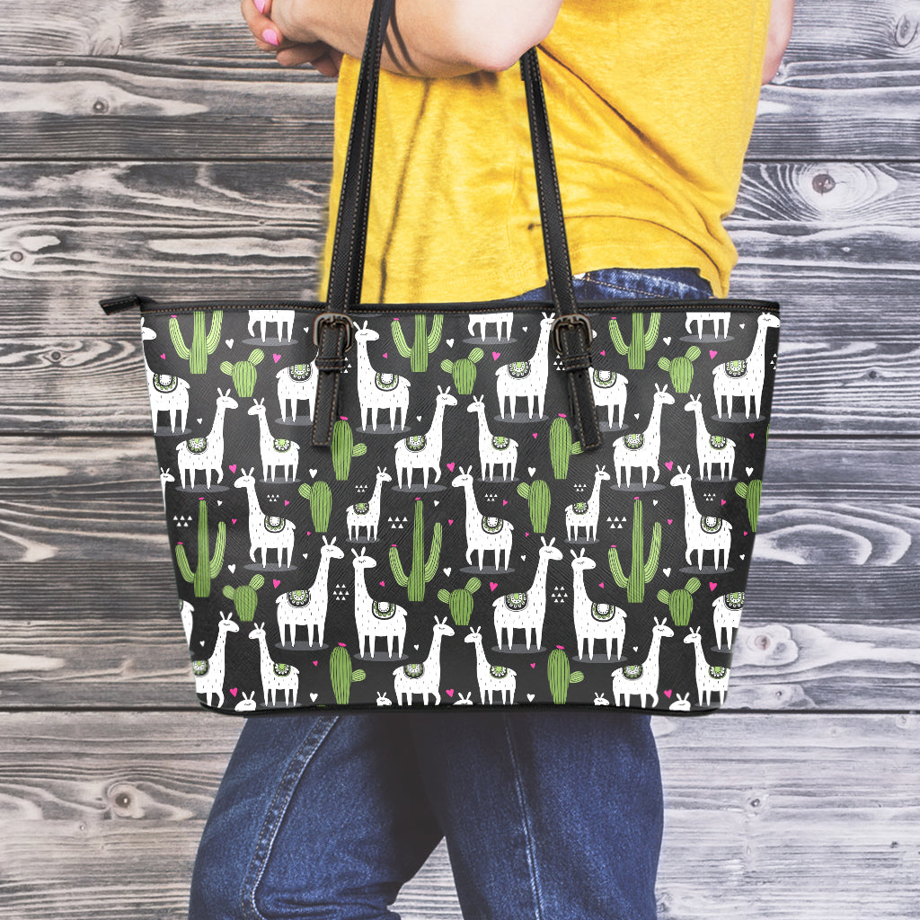 Cactus And Llama Pattern Print Leather Tote Bag