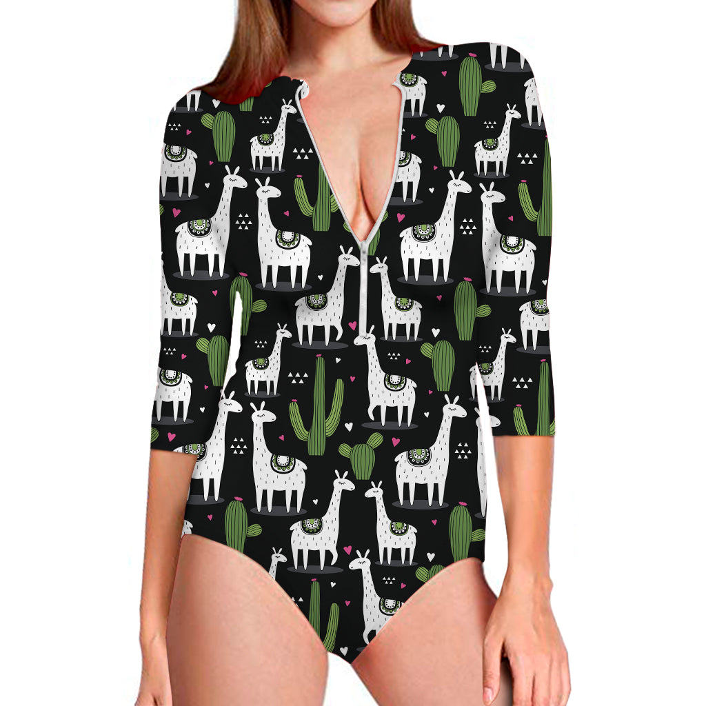 Cactus And Llama Pattern Print Long Sleeve One Piece Swimsuit