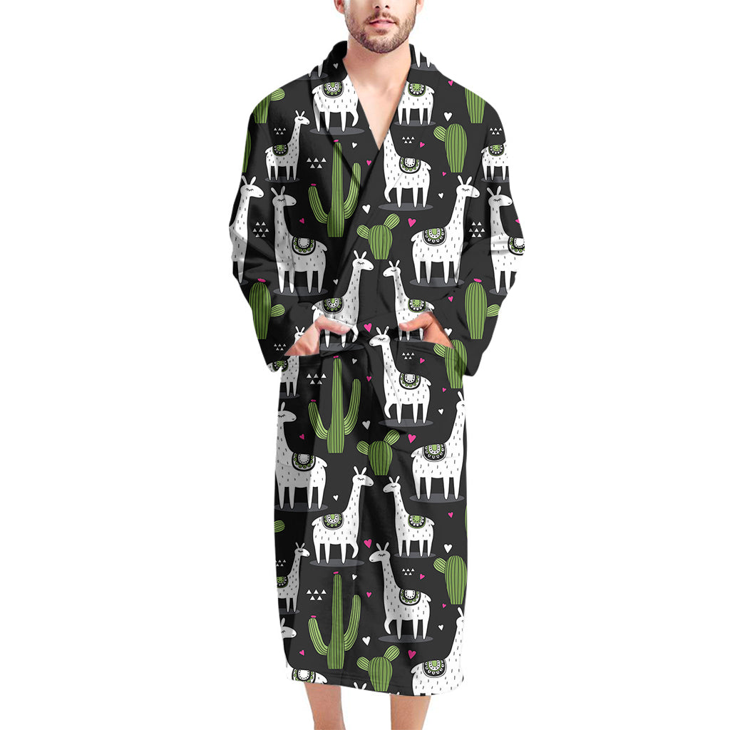 Cactus And Llama Pattern Print Men's Bathrobe