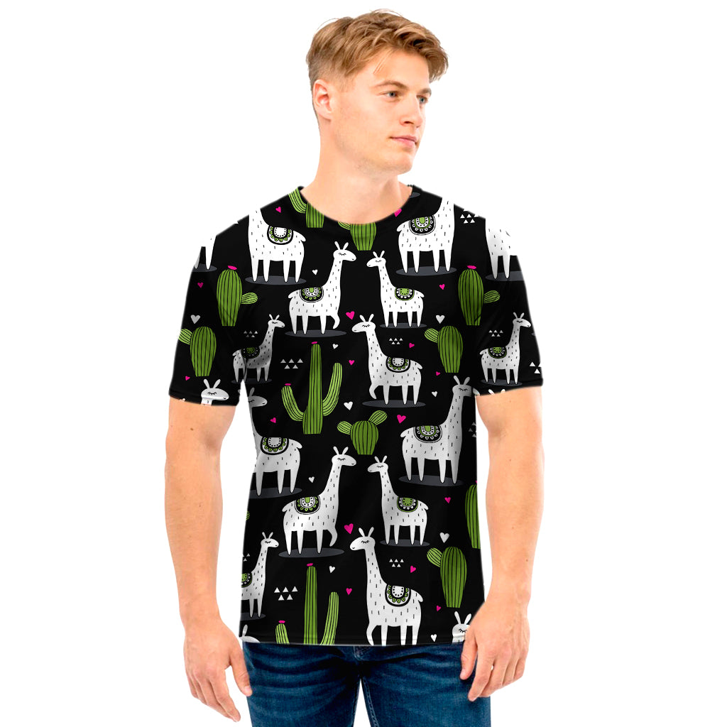 Cactus And Llama Pattern Print Men's T-Shirt