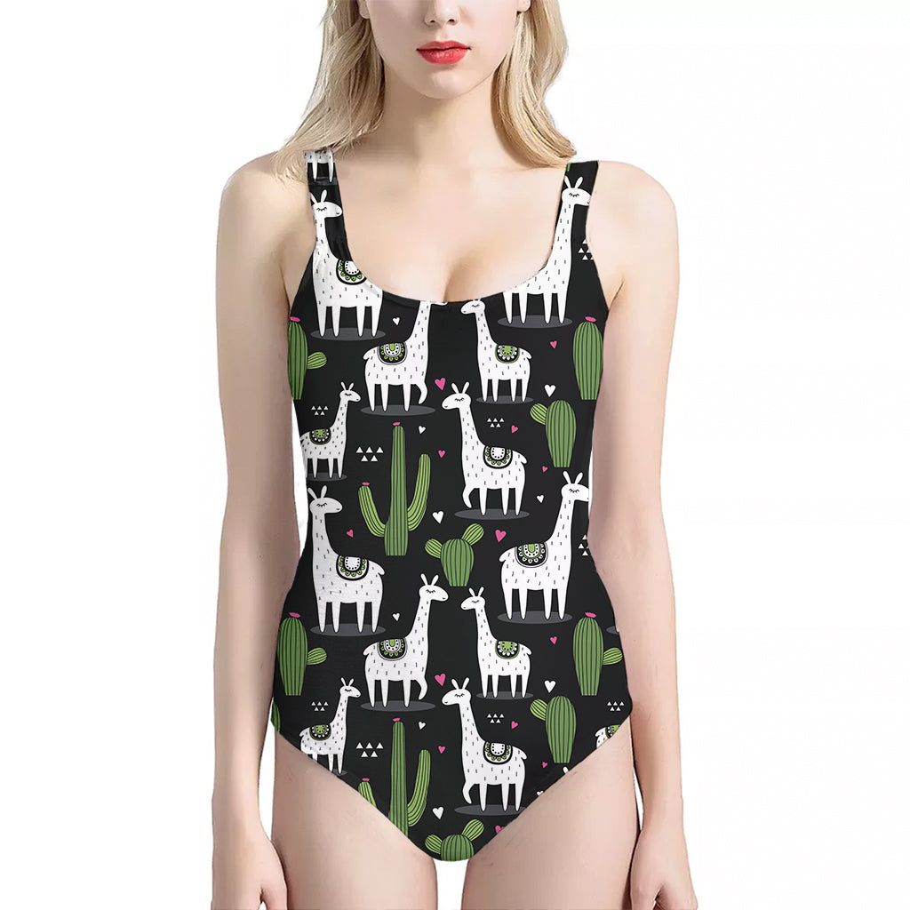 Cactus And Llama Pattern Print One Piece Halter Neck Swimsuit