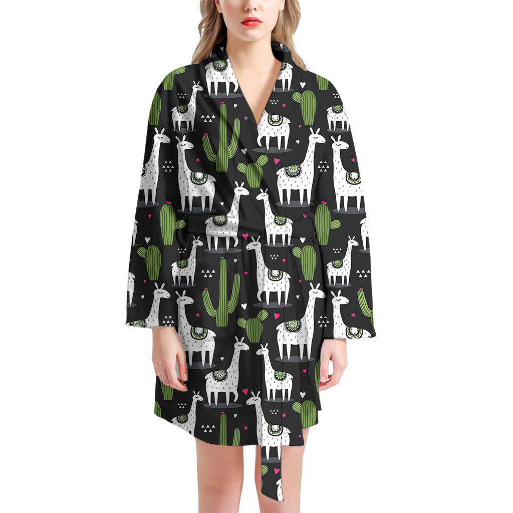 Cactus And Llama Pattern Print Women's Bathrobe