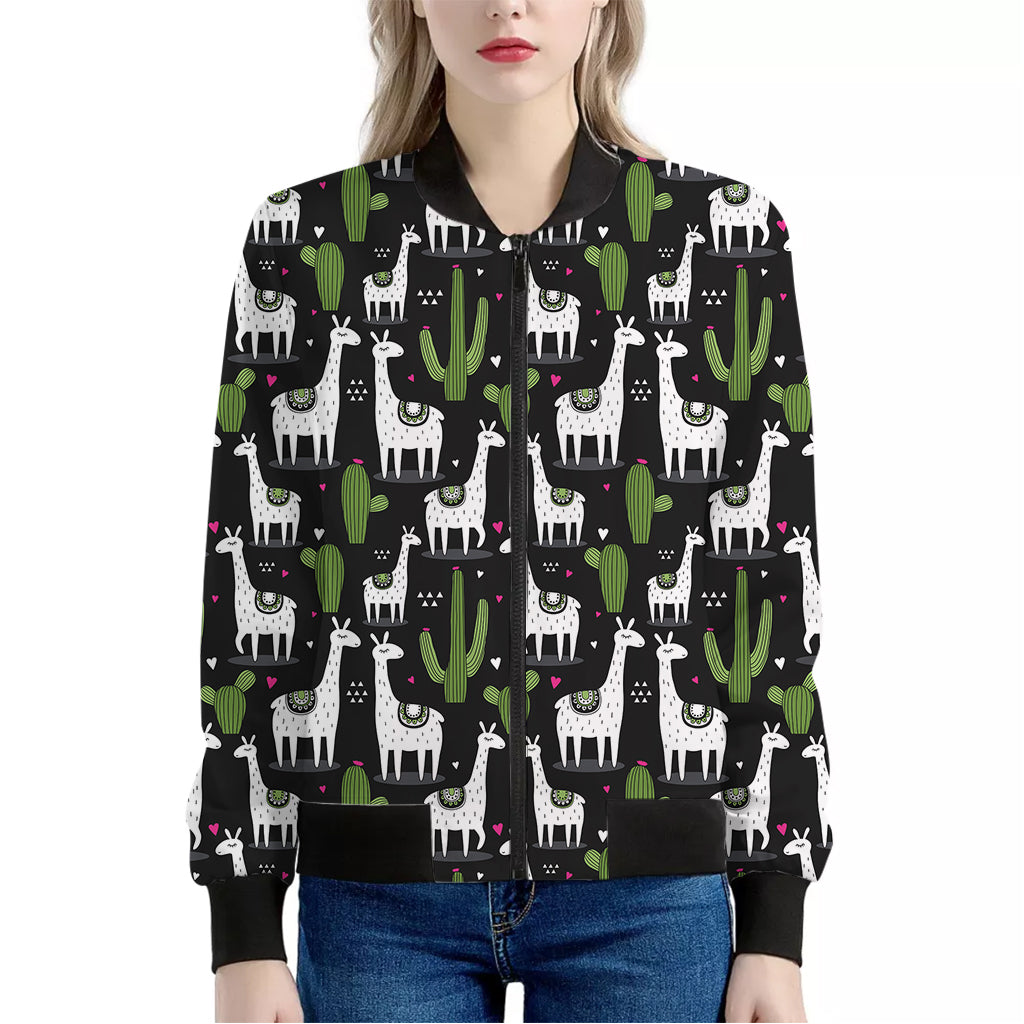 Cactus And Llama Pattern Print Women's Bomber Jacket