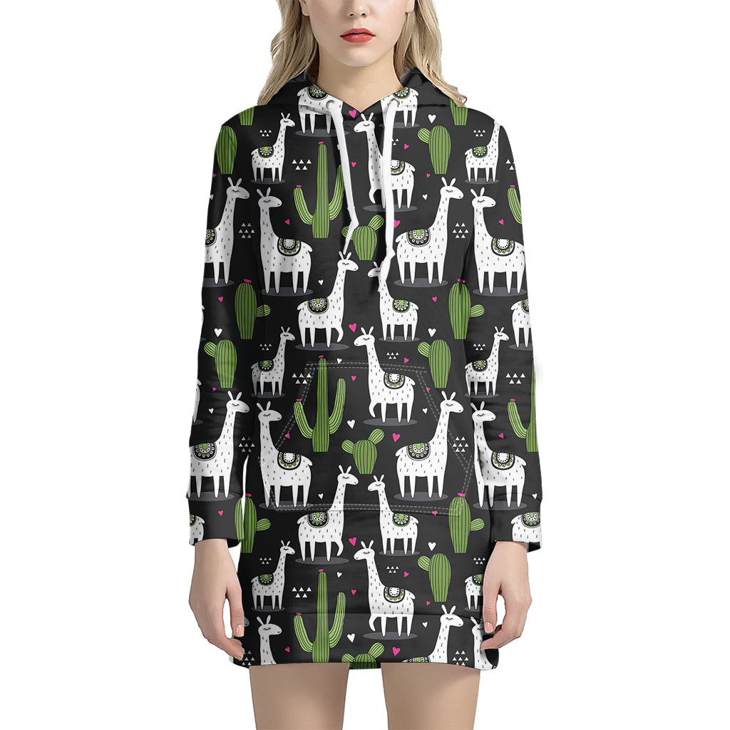 Cactus And Llama Pattern Print Women's Pullover Hoodie Dress