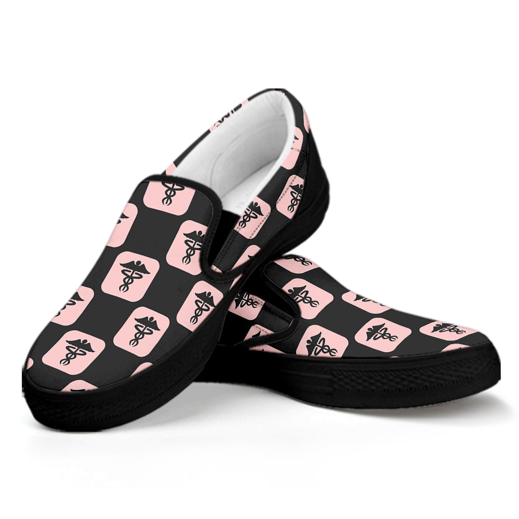 Caduceus Pattern Print Black Slip On Shoes