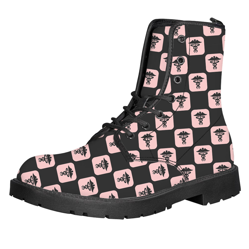 Caduceus Pattern Print Leather Boots