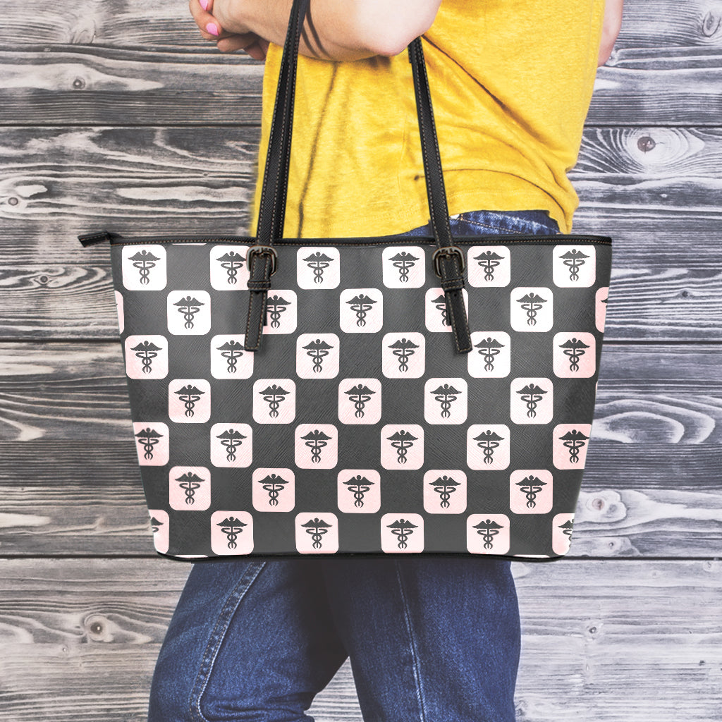 Caduceus Pattern Print Leather Tote Bag