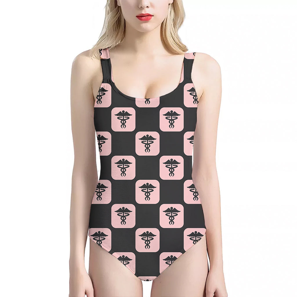 Caduceus Pattern Print One Piece Halter Neck Swimsuit