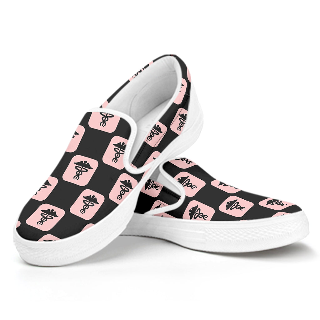 Caduceus Pattern Print White Slip On Shoes