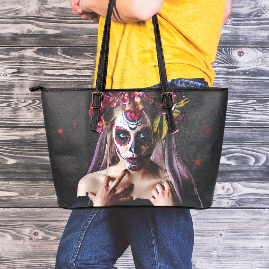 Calavera Girl Day of The Dead Print Leather Tote Bag