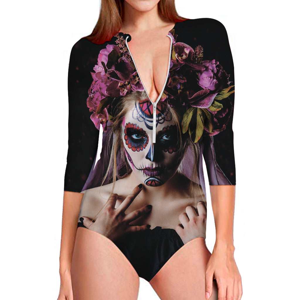 Calavera Girl Day of The Dead Print Long Sleeve One Piece Swimsuit