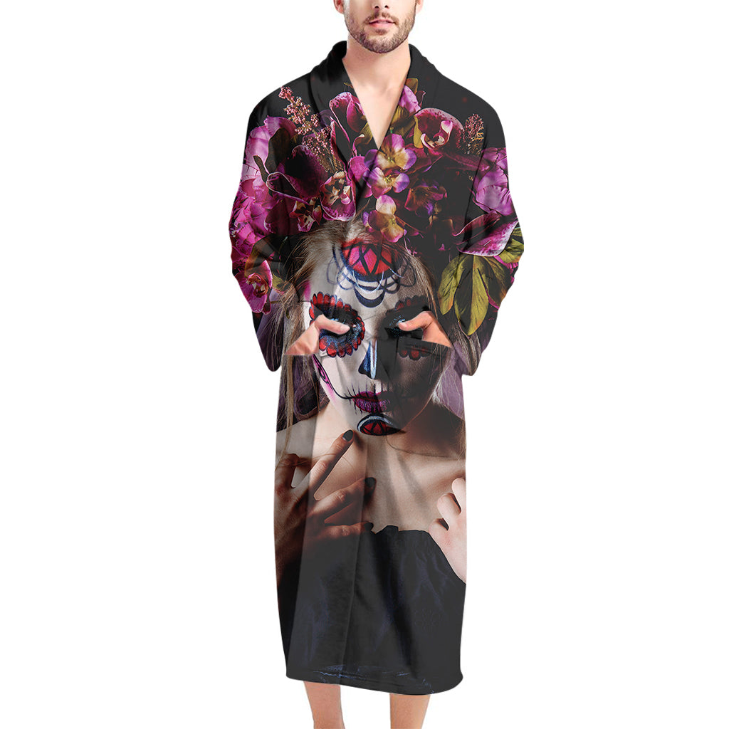 Calavera Girl Day of The Dead Print Men's Bathrobe