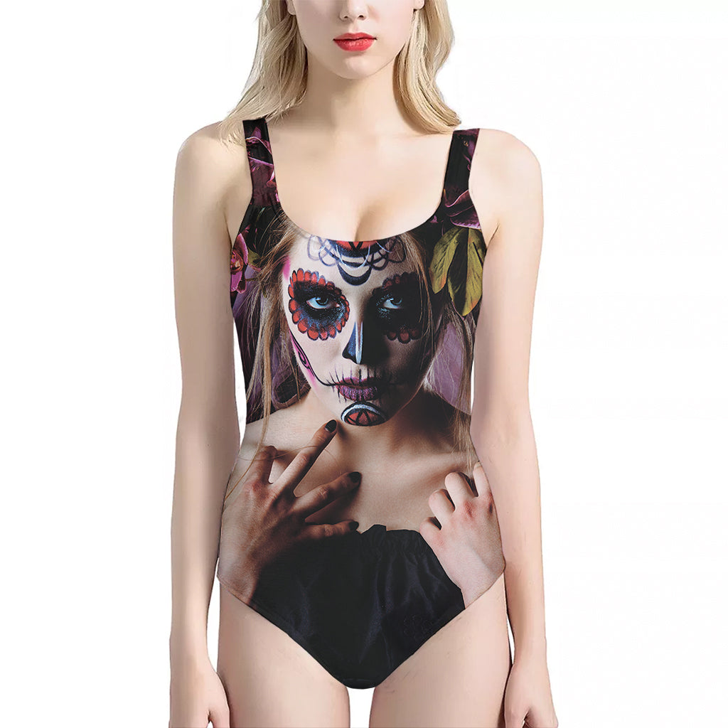 Calavera Girl Day of The Dead Print One Piece Halter Neck Swimsuit