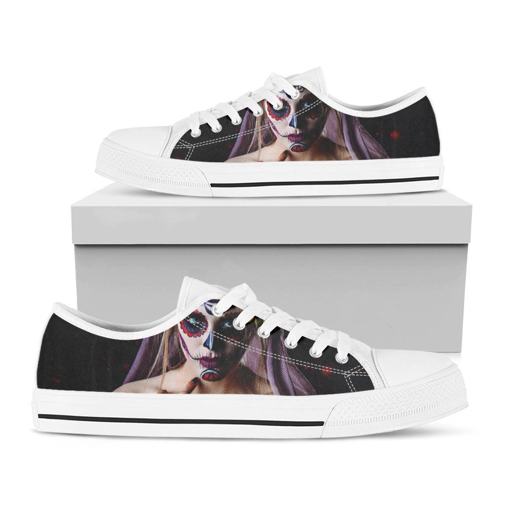 Calavera Girl Day of The Dead Print White Low Top Shoes