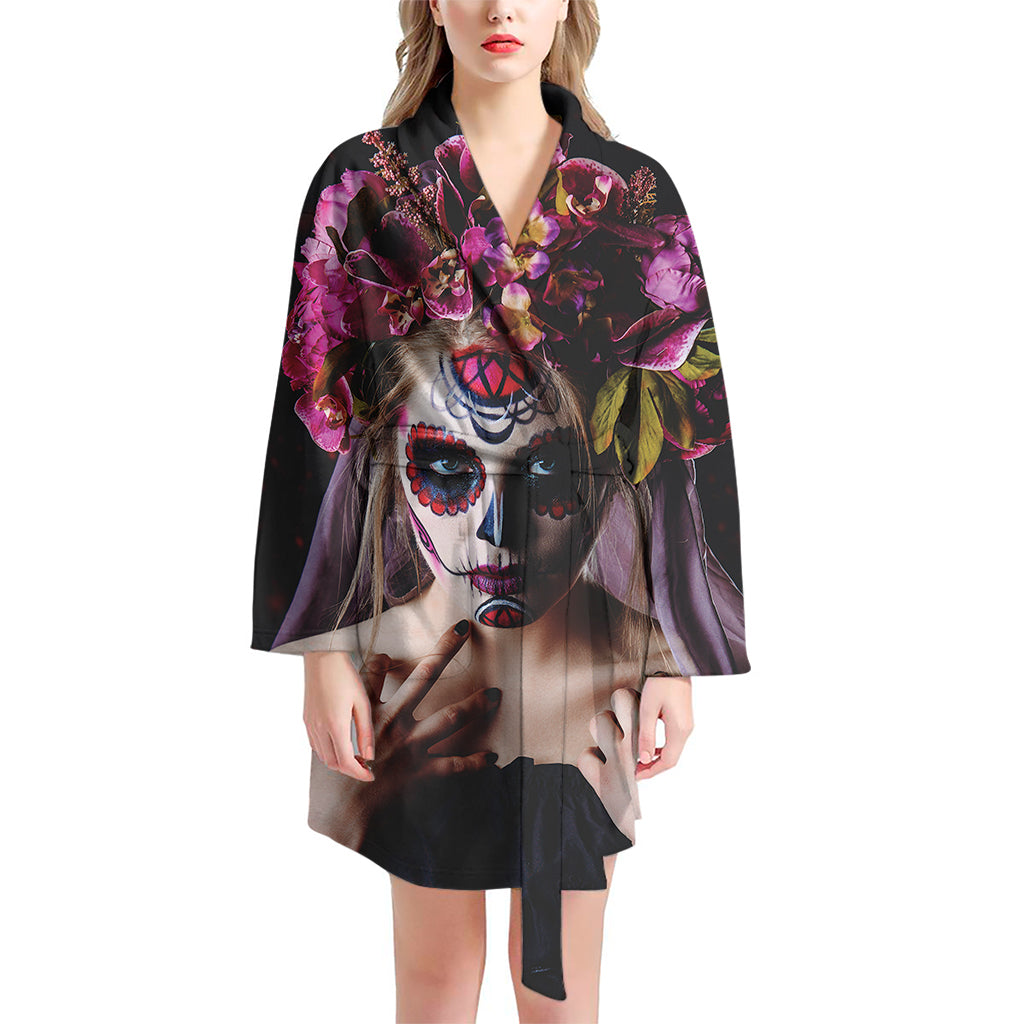 Calavera Girl Day of The Dead Print Women's Bathrobe