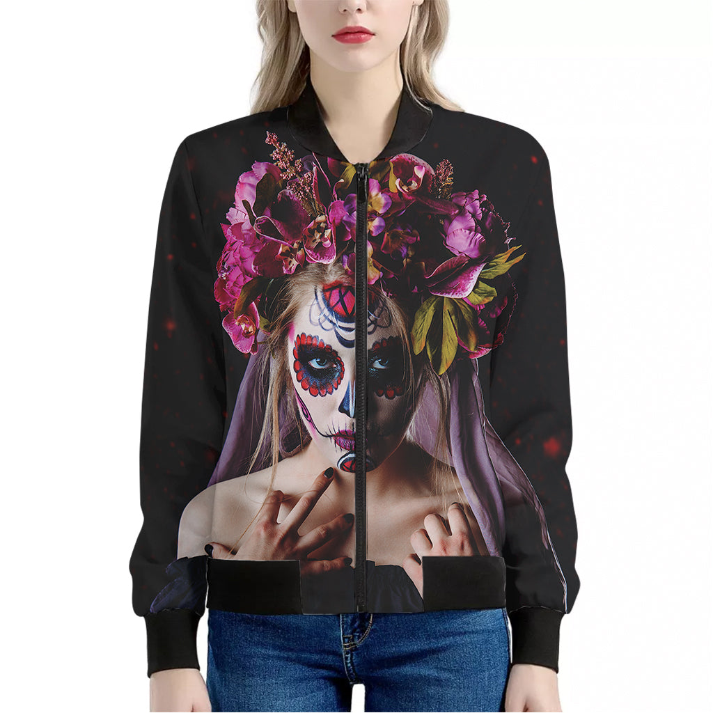 Calavera Girl Day of The Dead Print Women's Bomber Jacket