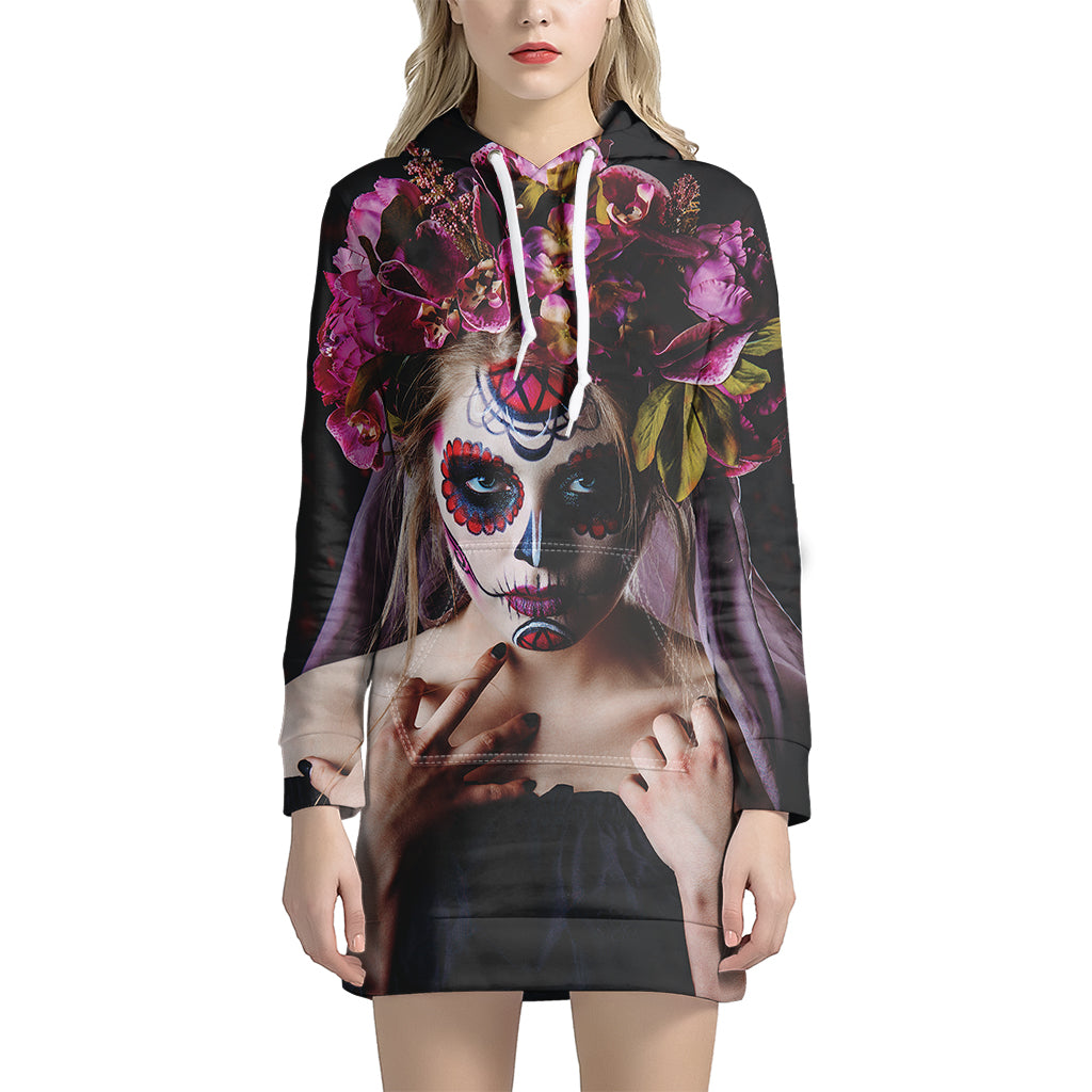 Calavera Girl Day of The Dead Print Women's Pullover Hoodie Dress