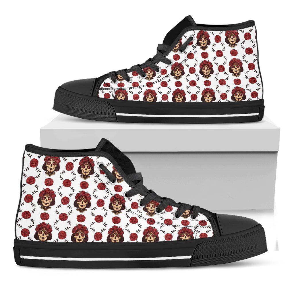 Calavera Girl Skull Pattern Print Black High Top Shoes