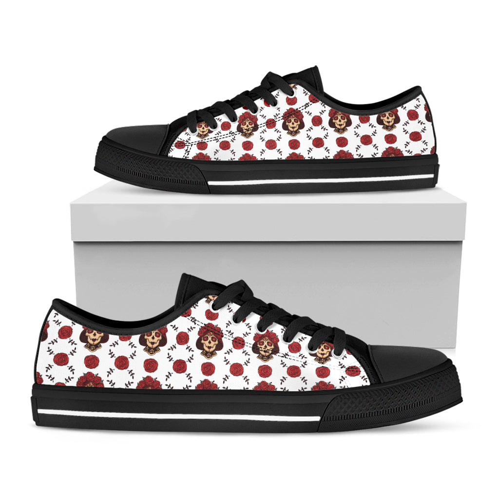 Calavera Girl Skull Pattern Print Black Low Top Shoes