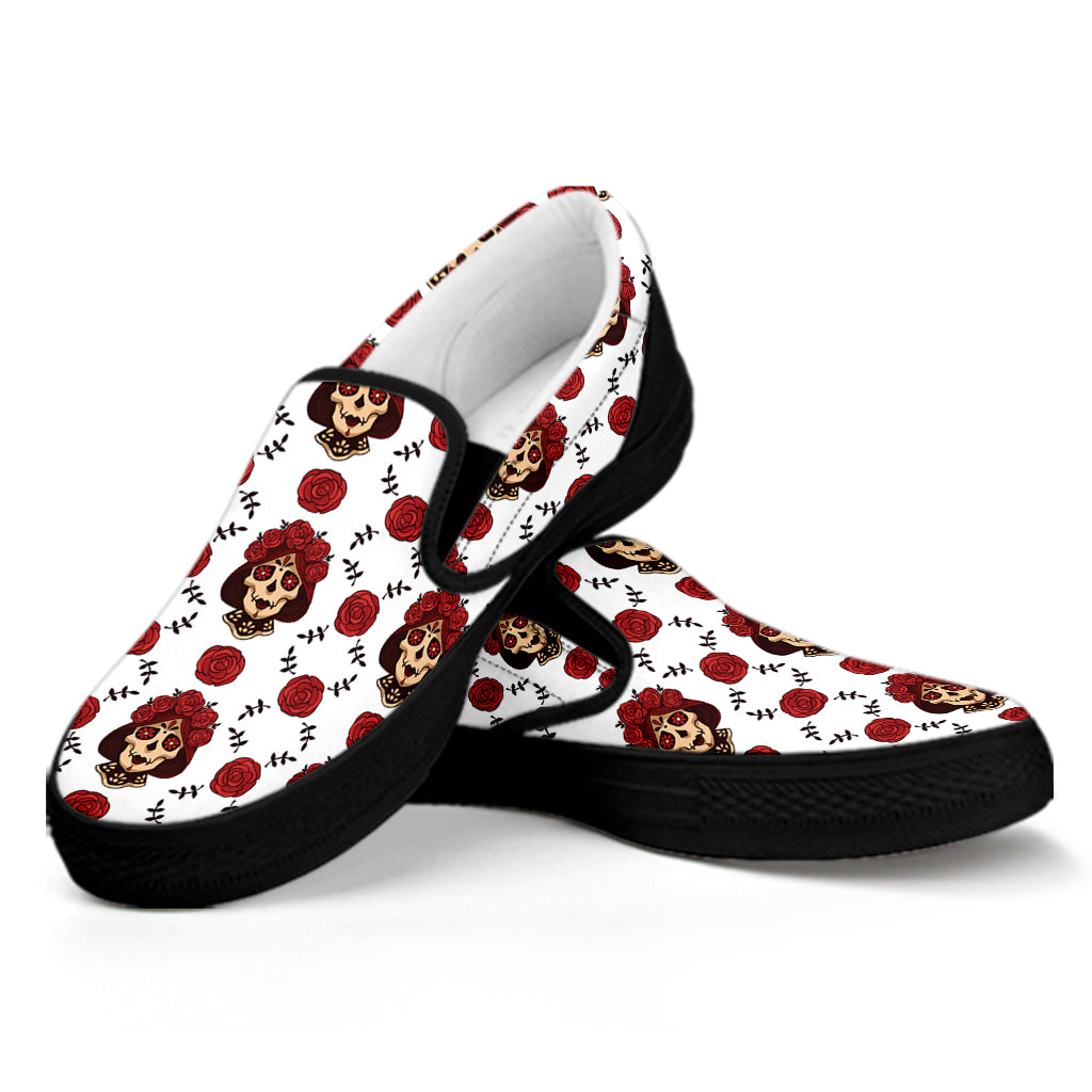 Calavera Girl Skull Pattern Print Black Slip On Shoes