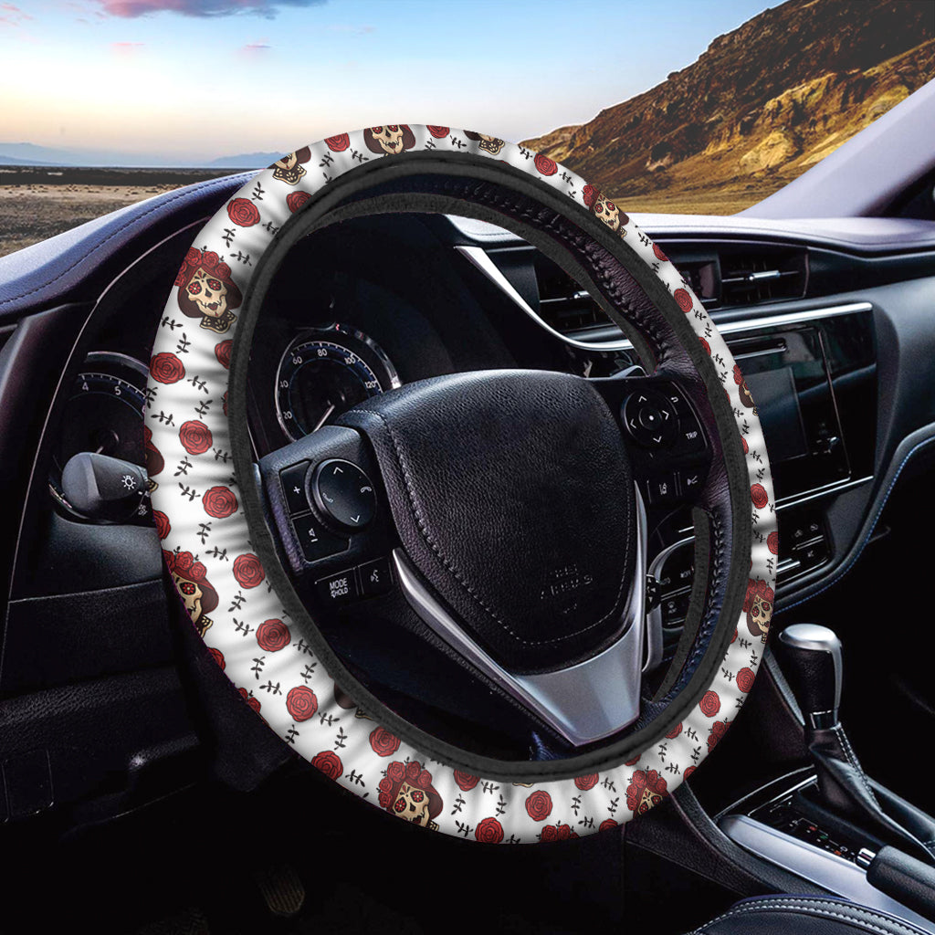 Calavera Girl Skull Pattern Print Car Steering Wheel Cover