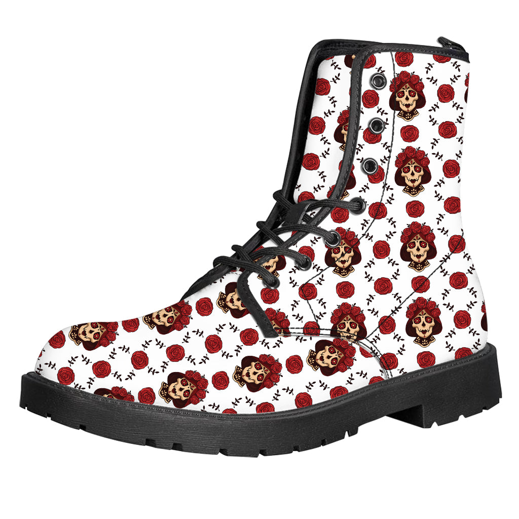 Calavera Girl Skull Pattern Print Leather Boots