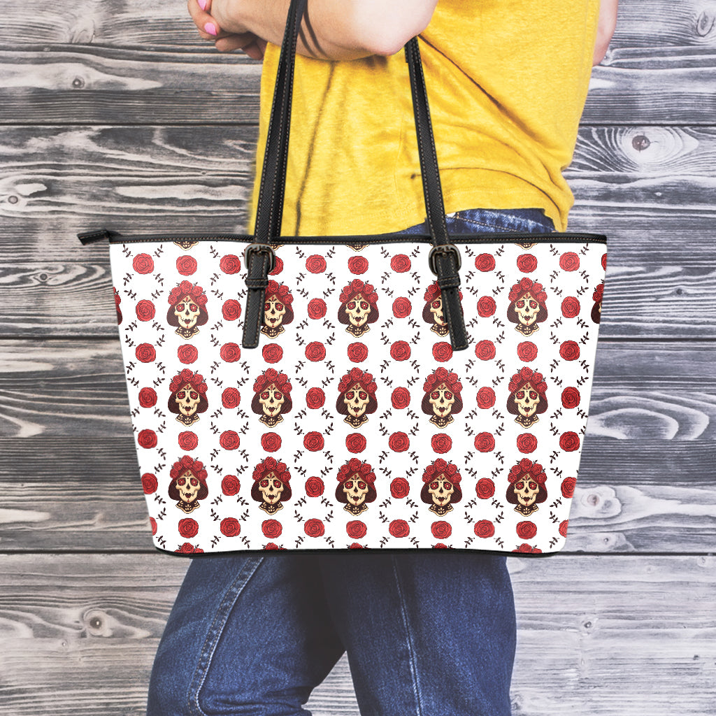 Calavera Girl Skull Pattern Print Leather Tote Bag