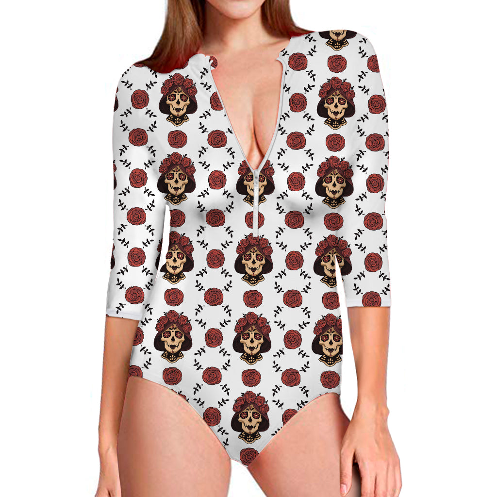 Calavera Girl Skull Pattern Print Long Sleeve One Piece Swimsuit