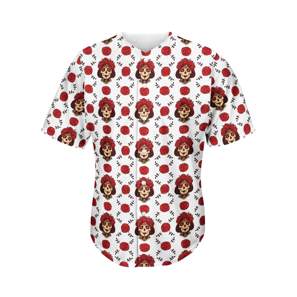 Calavera Girl Skull Pattern Print Men's Baseball Jersey