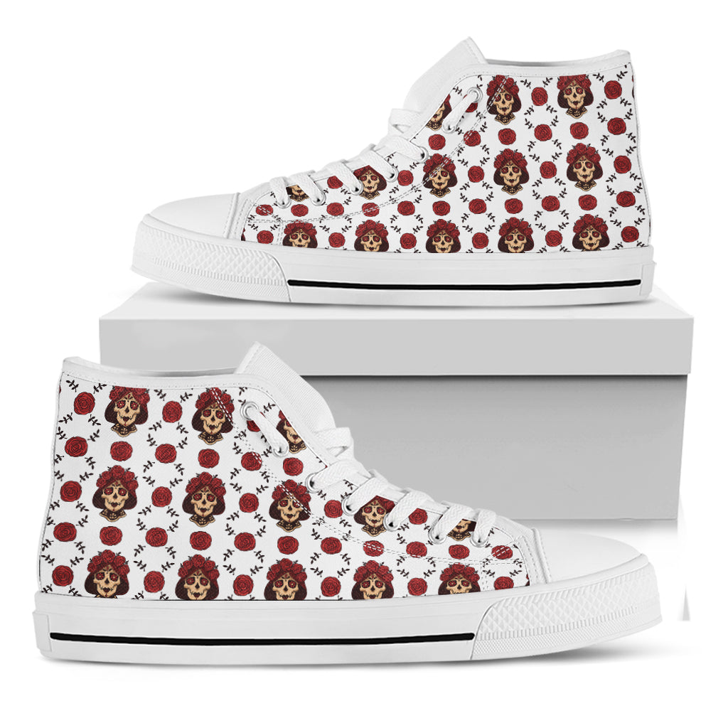 Calavera Girl Skull Pattern Print White High Top Shoes