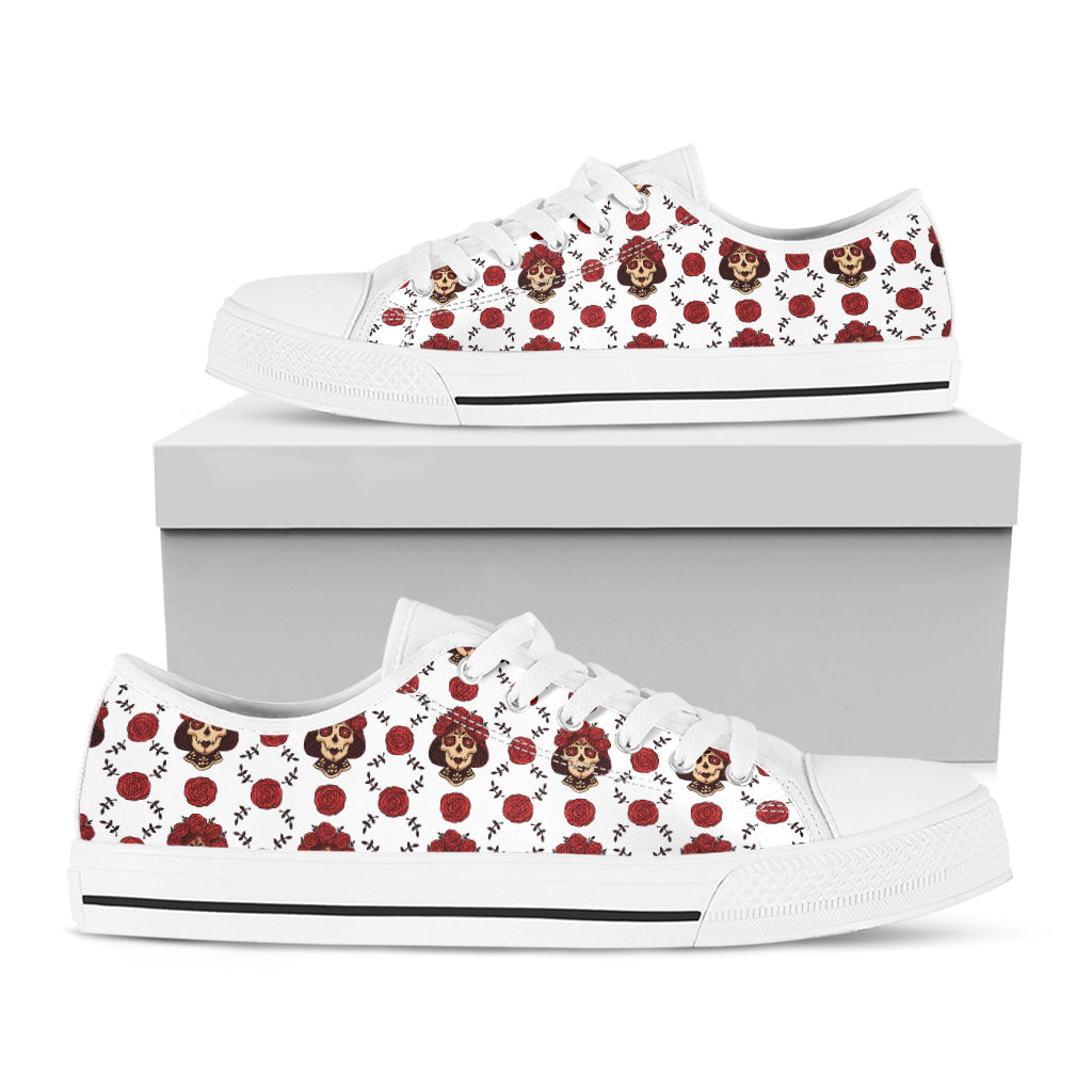 Calavera Girl Skull Pattern Print White Low Top Shoes