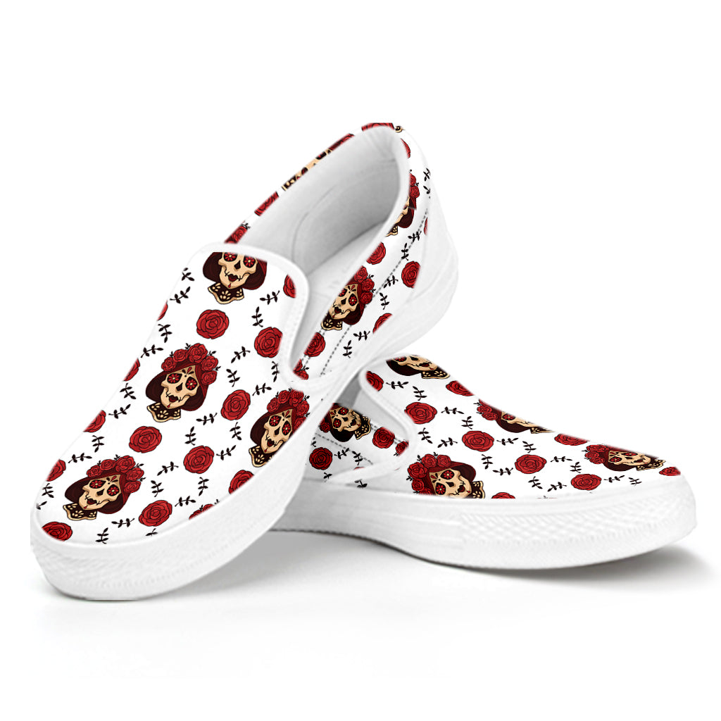 Calavera Girl Skull Pattern Print White Slip On Shoes