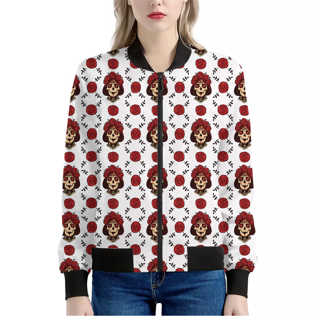 Calavera Girl Skull Pattern Print Women's Bomber Jacket