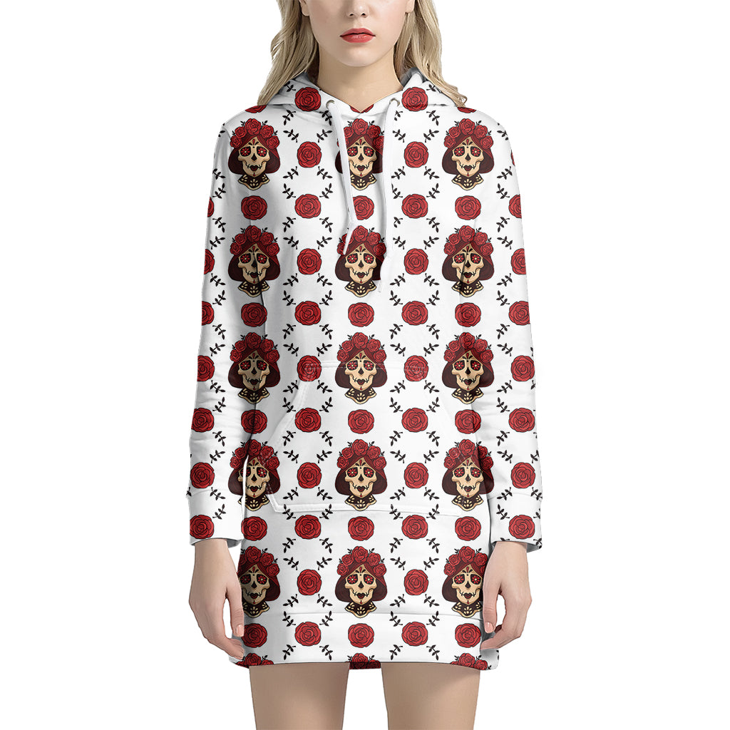 Calavera Girl Skull Pattern Print Women's Pullover Hoodie Dress