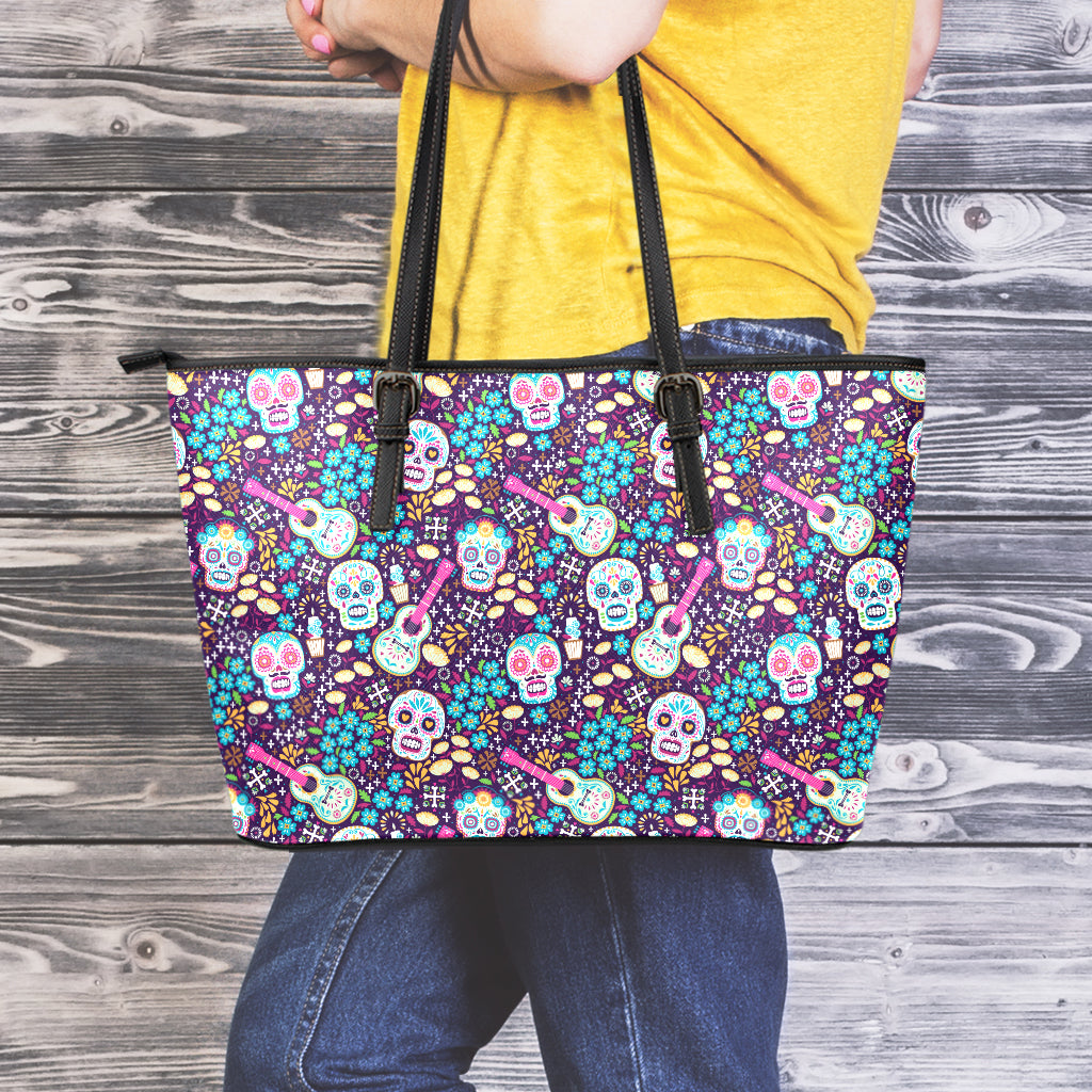 Calaveras Day Of The Dead Pattern Print Leather Tote Bag