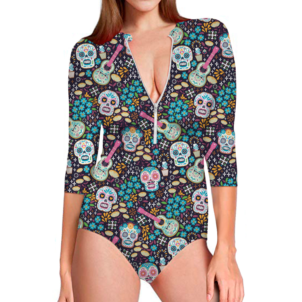 Calaveras Day Of The Dead Pattern Print Long Sleeve One Piece Swimsuit