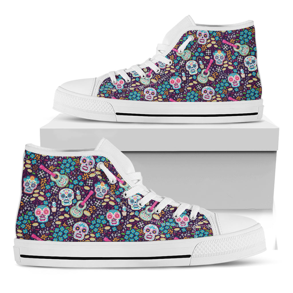 Calaveras Day Of The Dead Pattern Print White High Top Shoes