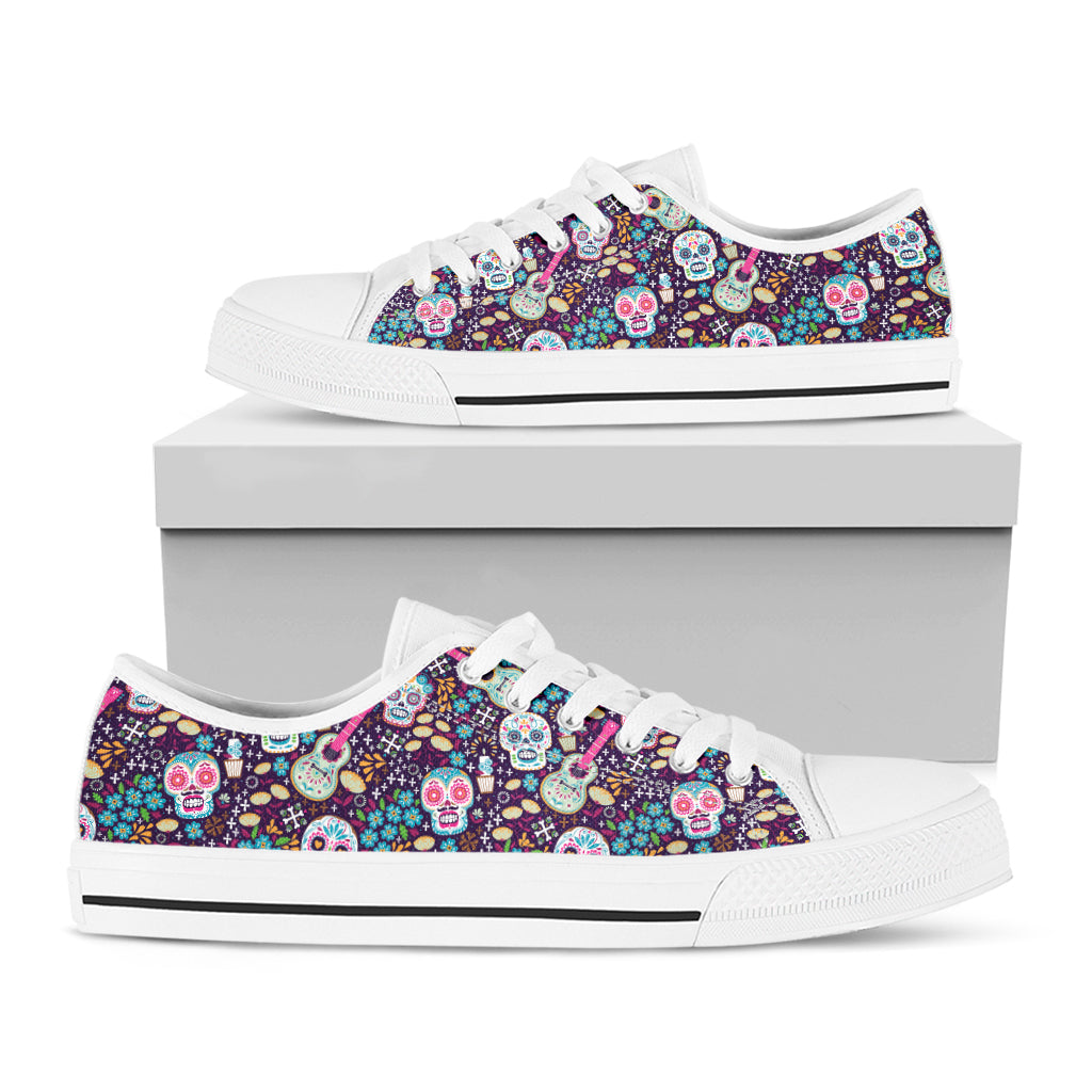 Calaveras Day Of The Dead Pattern Print White Low Top Shoes