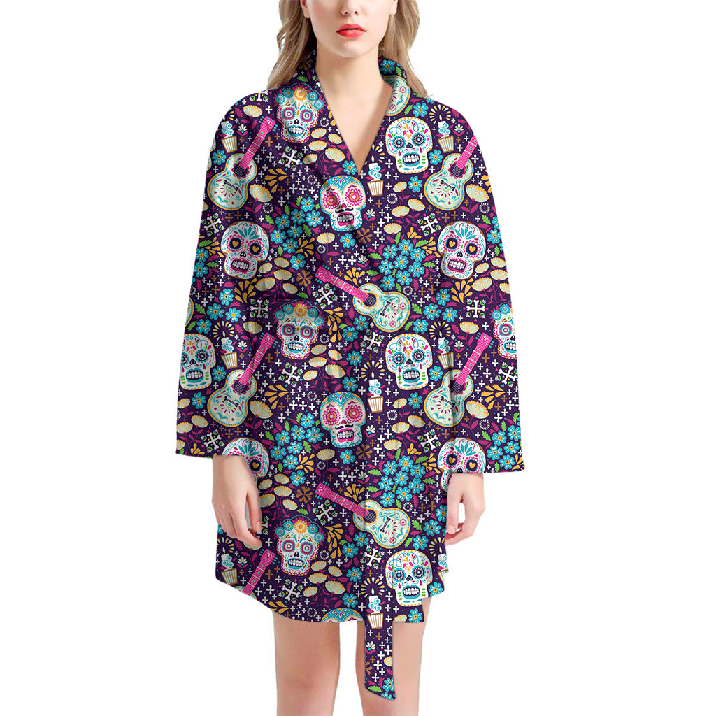 Calaveras Day Of The Dead Pattern Print Women's Bathrobe