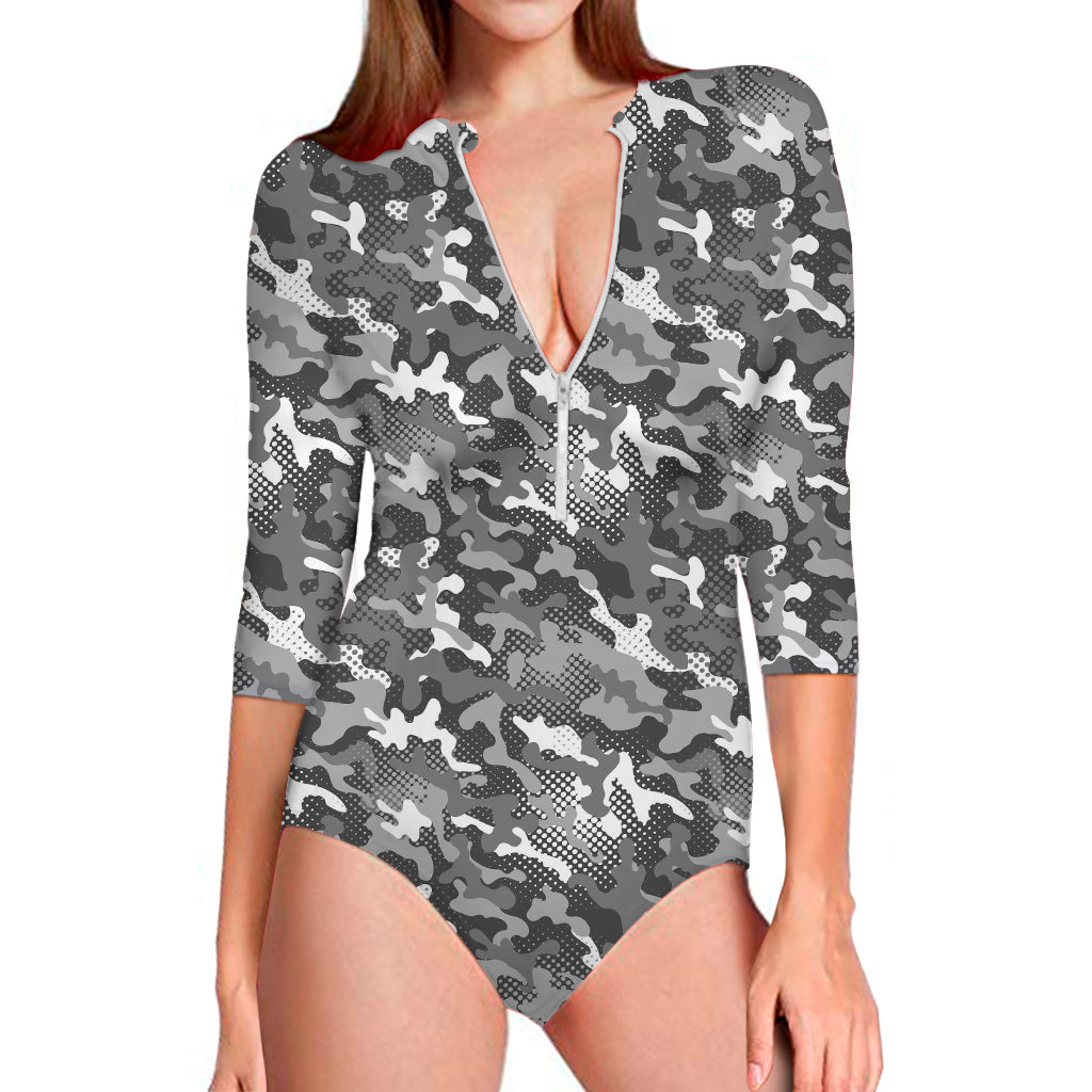 Camouflage Dazzle Pattern Print Long Sleeve One Piece Swimsuit