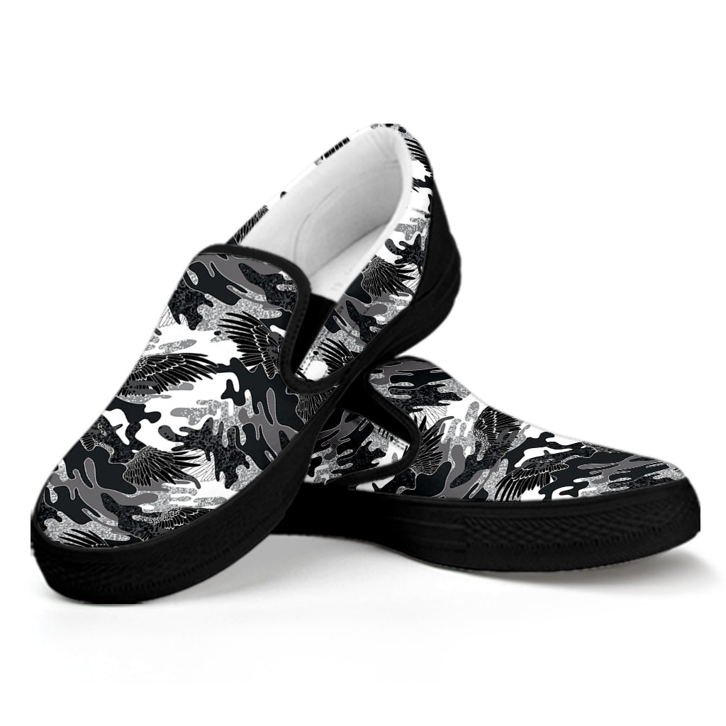 Camouflage Dazzle Wings Pattern Print Black Slip On Shoes