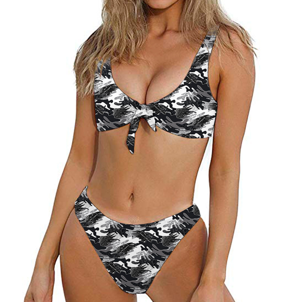 Camouflage Dazzle Wings Pattern Print Front Bow Tie Bikini