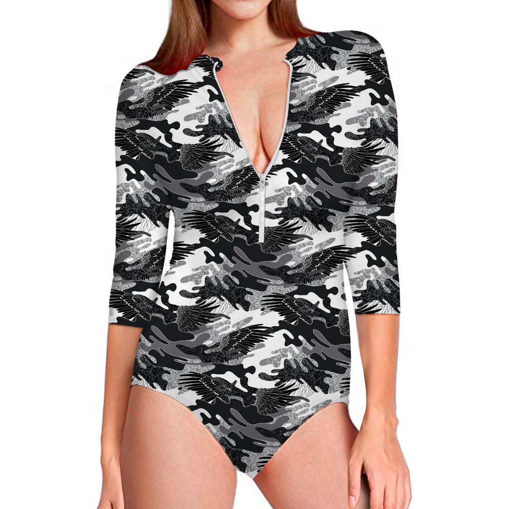 Camouflage Dazzle Wings Pattern Print Long Sleeve One Piece Swimsuit