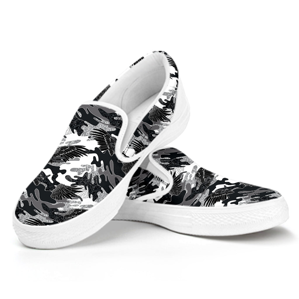 Camouflage Dazzle Wings Pattern Print White Slip On Shoes