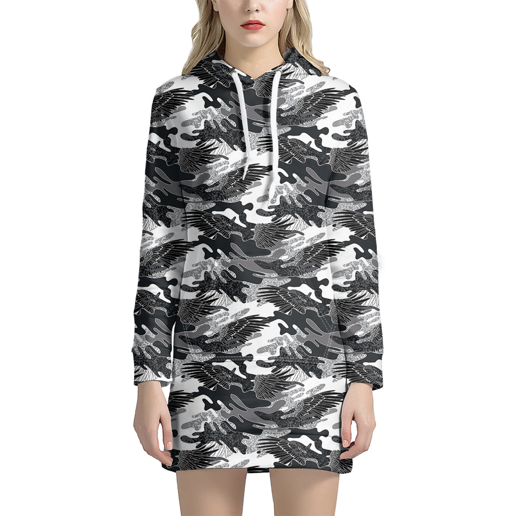 Camouflage Dazzle Wings Pattern Print Women's Pullover Hoodie Dress