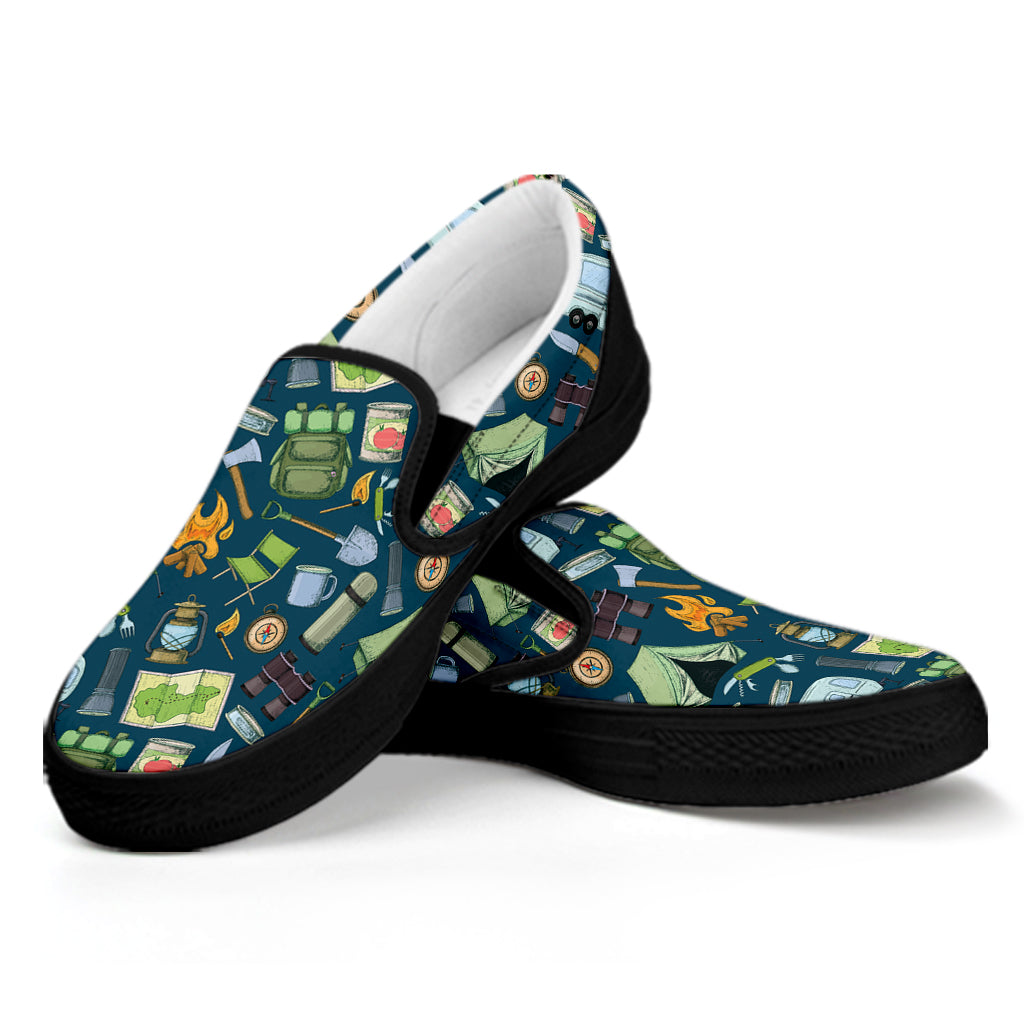 Camping Equipment Pattern Print Black Slip On Shoes