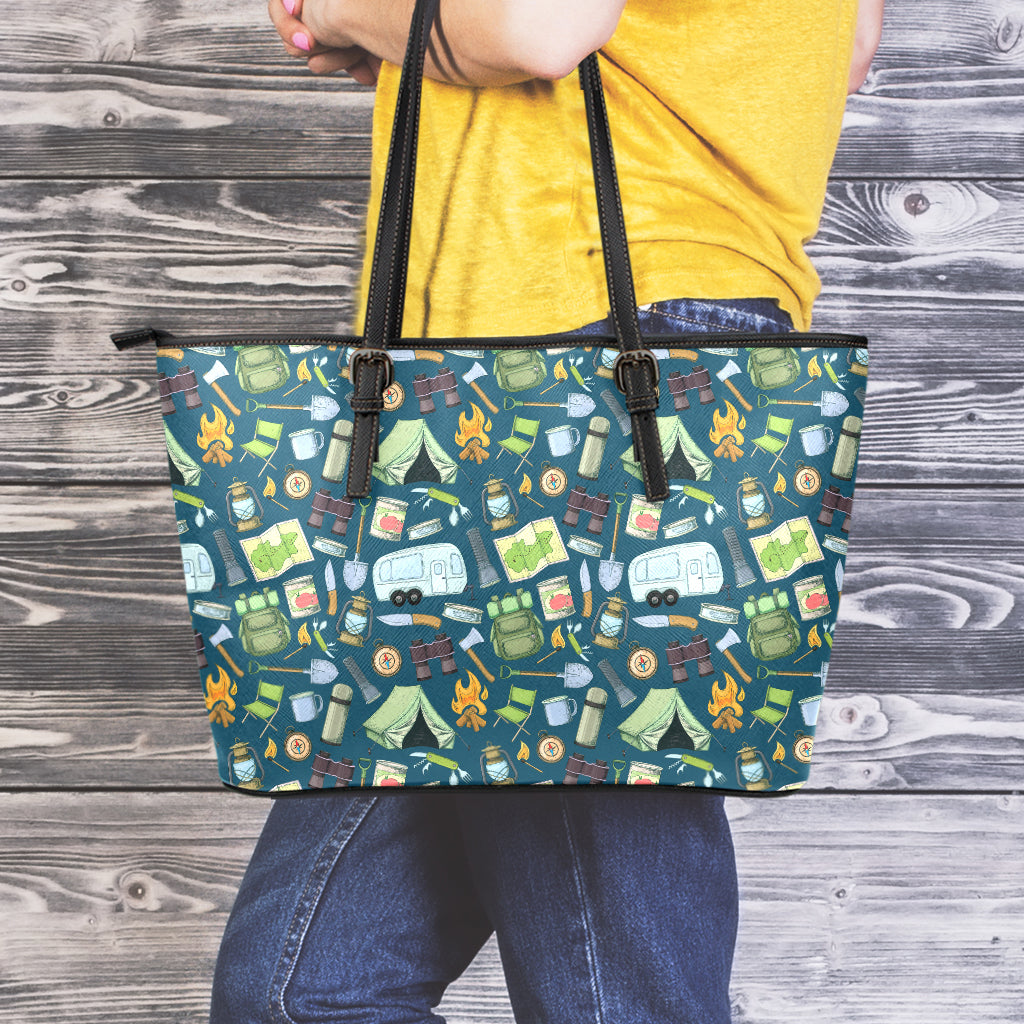 Camping Equipment Pattern Print Leather Tote Bag