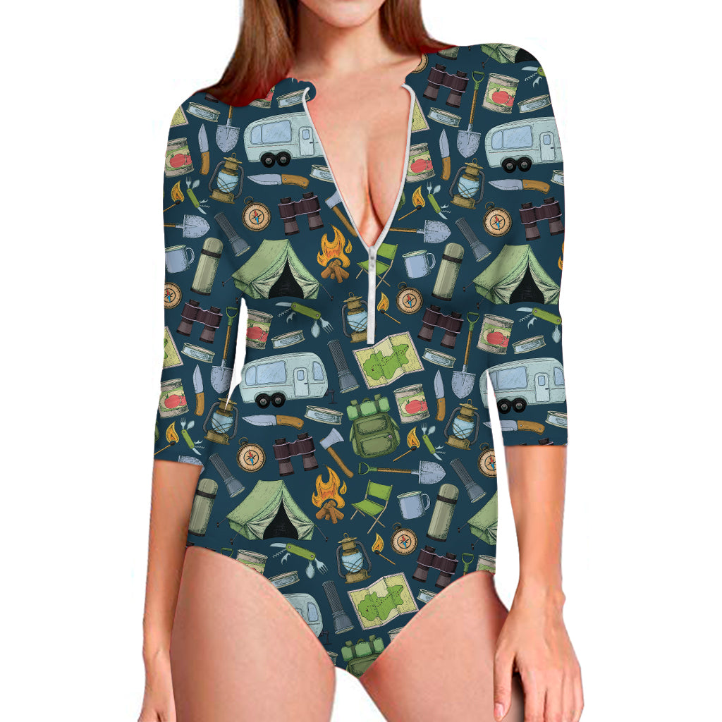 Camping Equipment Pattern Print Long Sleeve One Piece Swimsuit