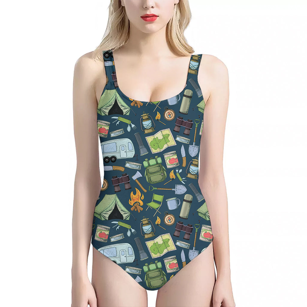 Camping Equipment Pattern Print One Piece Halter Neck Swimsuit