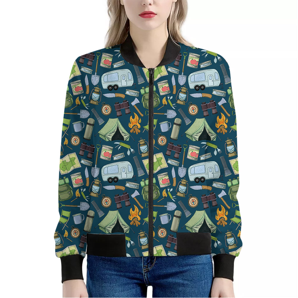 Camping Equipment Pattern Print Women's Bomber Jacket